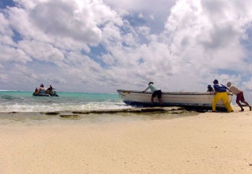 Removing marine debris from Hawaii's Midway Atoll Image showing people removing a 23-foot-long boat, among other marine debris.